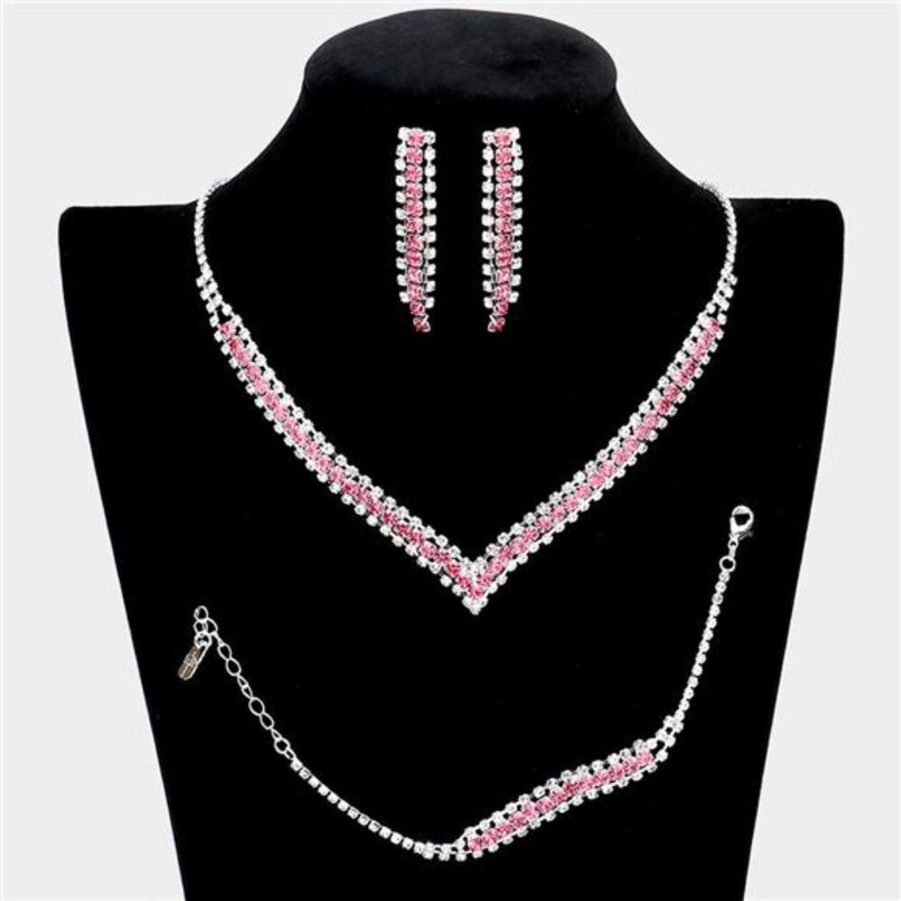 3 Piece Round Stone Detail Rhinestone Necklace Jewelry Set